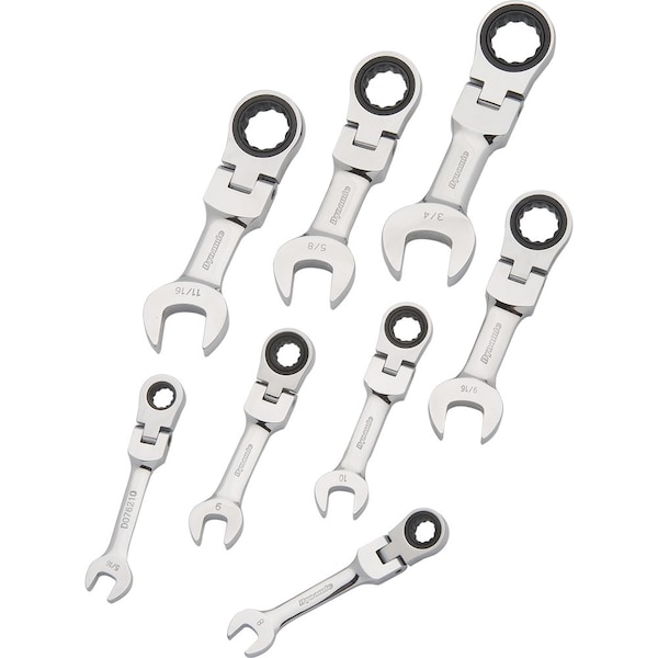 Dynamic 8Pcs SAE Stubby Flex Head, Combo Ratcheting Wrench Set, 5/16"-3/4" D076607